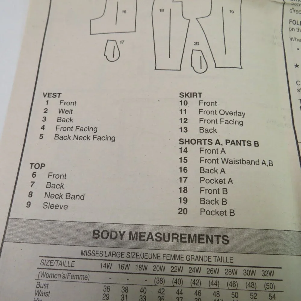 butterick 5557 UNCUT vest, top, skirt, pants, shorts sewing pattern